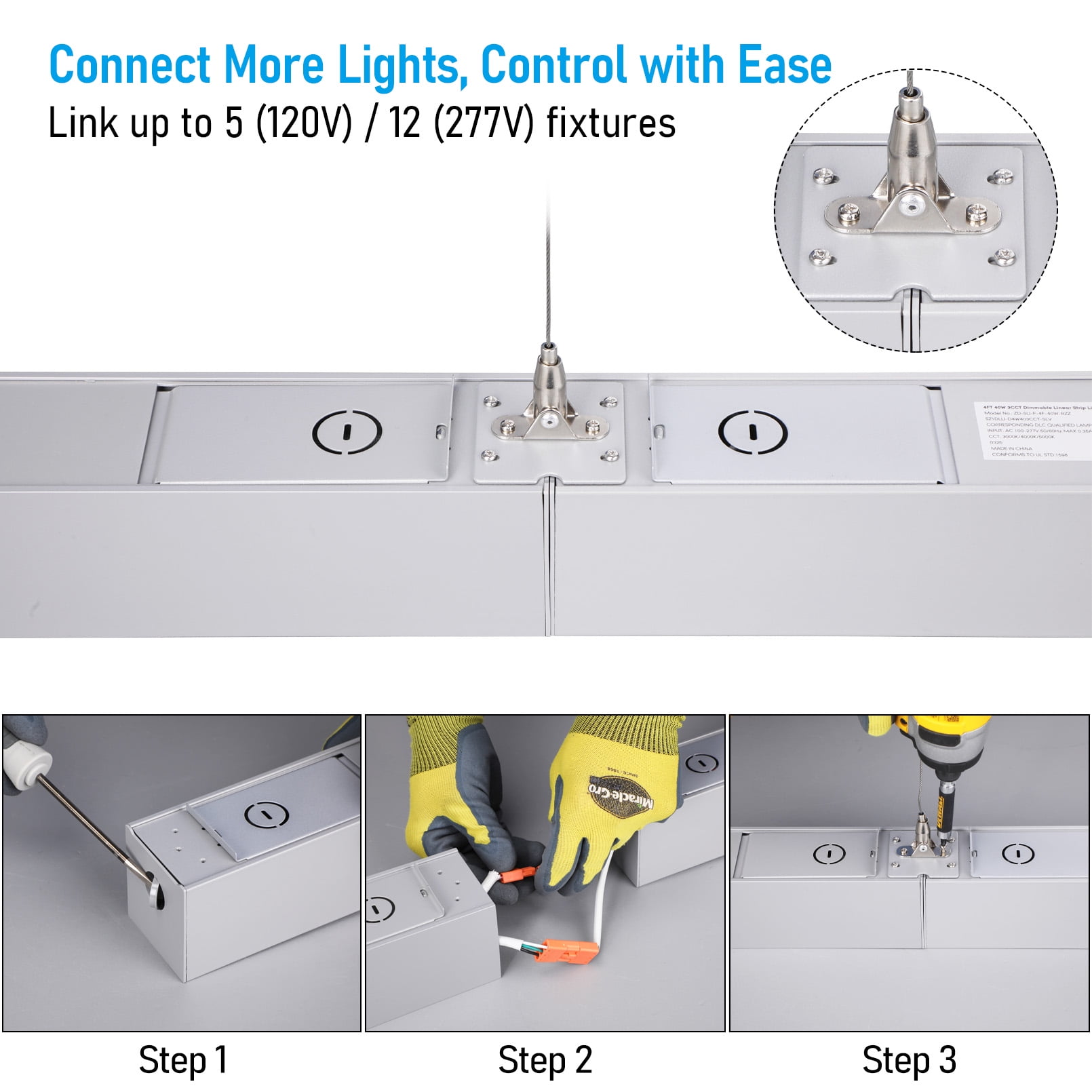 4 Pack 8FT 80W 3CCT Dimmable Commercial Linkable Linear Light, 3000K/4000K/5000K Selectable, Suspended Strip Light, Sliver