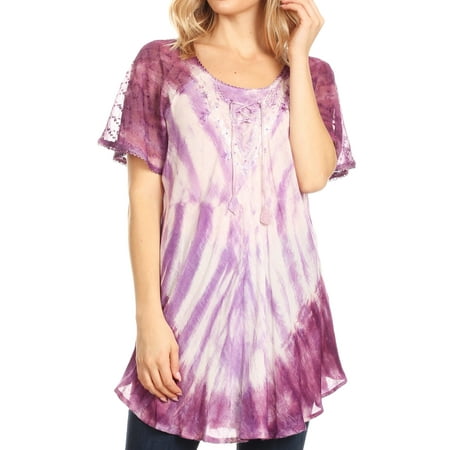 Sakkas Donna Women s Casual Lace Short Sleeve Tie Dye Corset Loose Top Blouse - Burgandy - Plus Size