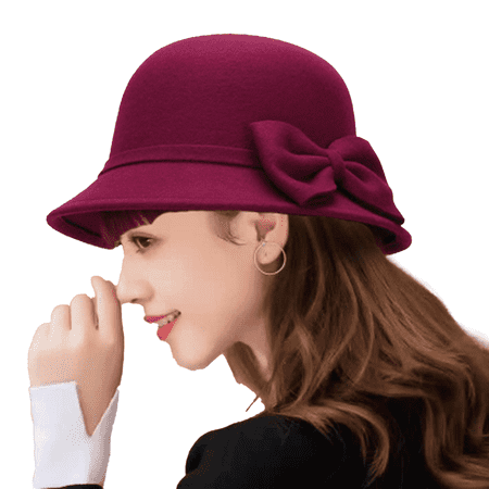 TELOLY Top Hat Women Summer Korean Style Retro Woolen Hat Hats for Women Dome Bow Socialite Fashionable Warm Basin Hat Womens Hats,Claret,Bow Tie
