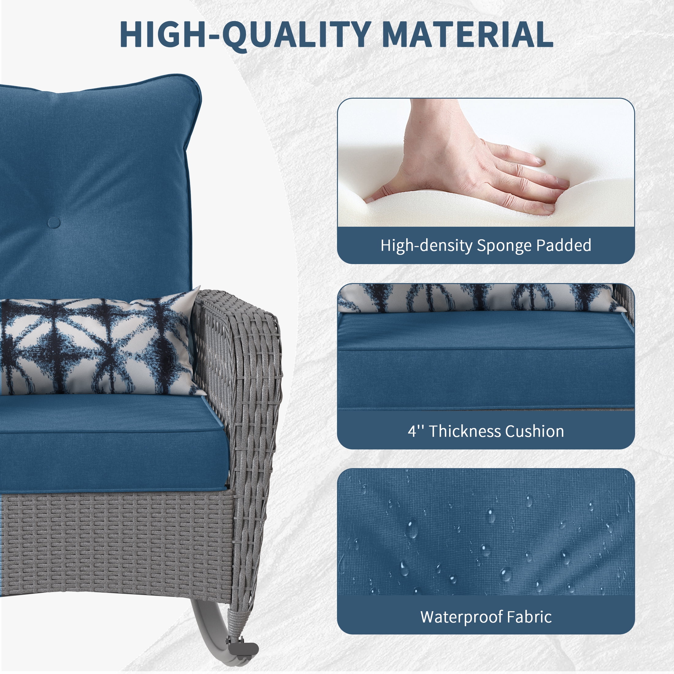Poteban 3-Piece Outdoor Rocking Chairs, Wicker Patio Furniture with Thickened Cushions and Table for Porch (Blue)