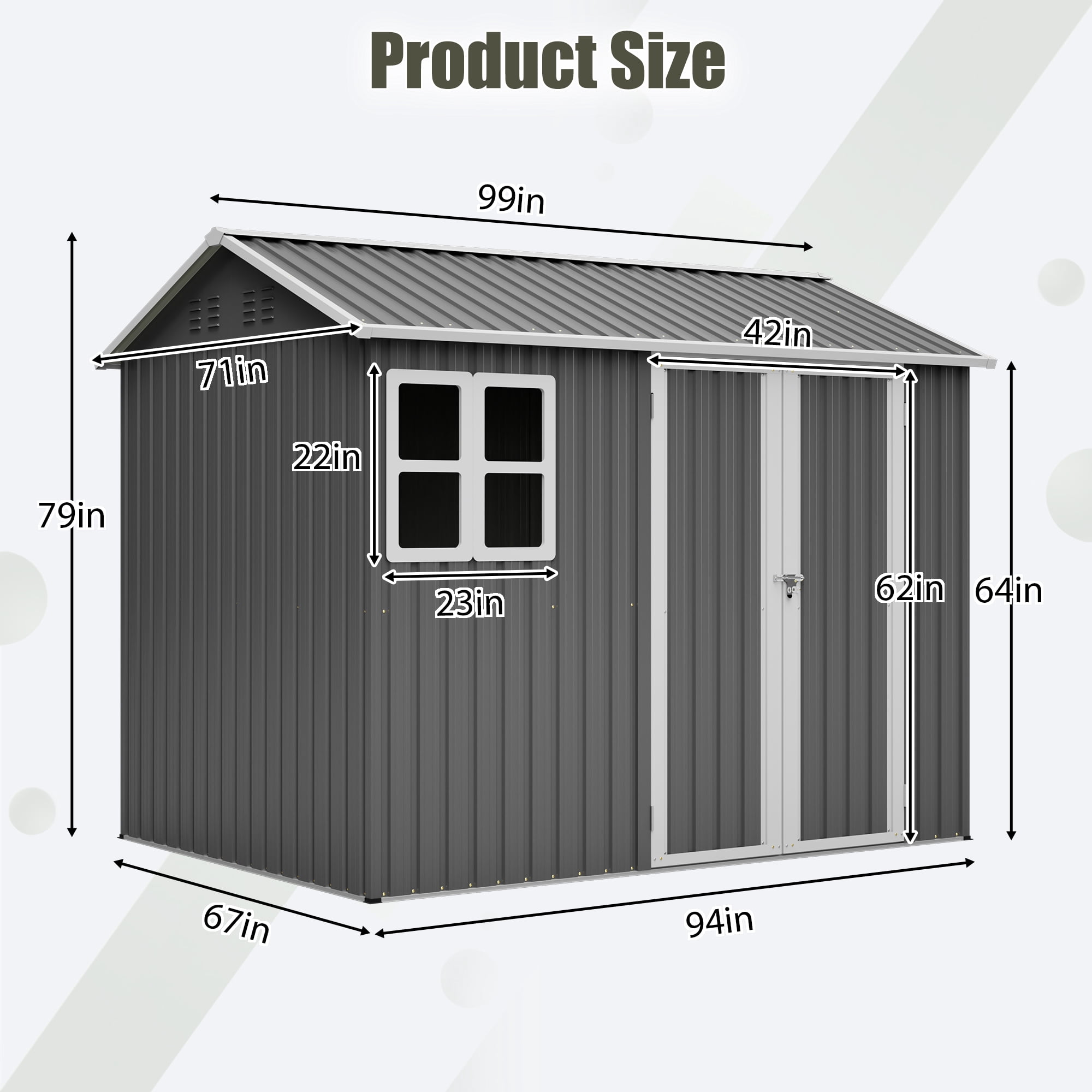 LZBEITEM 8' x 6' Outdoor Storage Shed with Window & Lockable Doors, Metal Garden Tool Shed with 4 Air Vents & Ground Nails, Waterproof Backyard Storage House for Patio Lawn, Gray