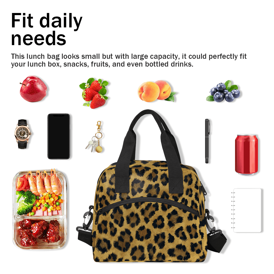 Herdesigns Leopard Insulated Lunch Bag for Women Men Adults Large Reusable Lunch Box Cheetah Print Leakproof Cooler Tote Bags with Adjustable Shoulder Strap