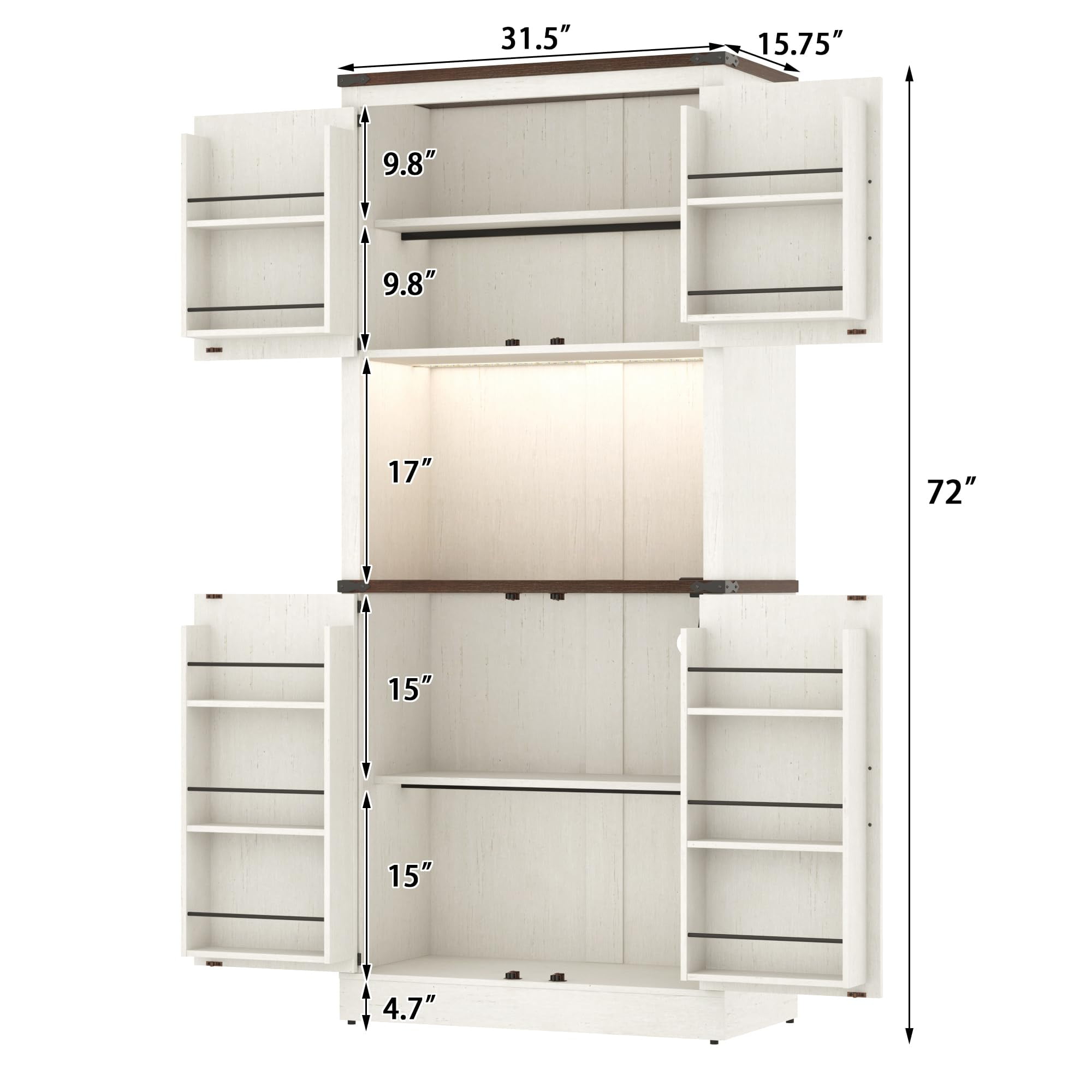 ANPOO 72'' Tall Farmhouse Kitchen Pantry Cabinet with LED Light and Power Outlet, 10 Hanging Shelves, Adjustable Shelves, Versatile Large Rustic Cabinet for Kitchen, Dining Room, Living Room