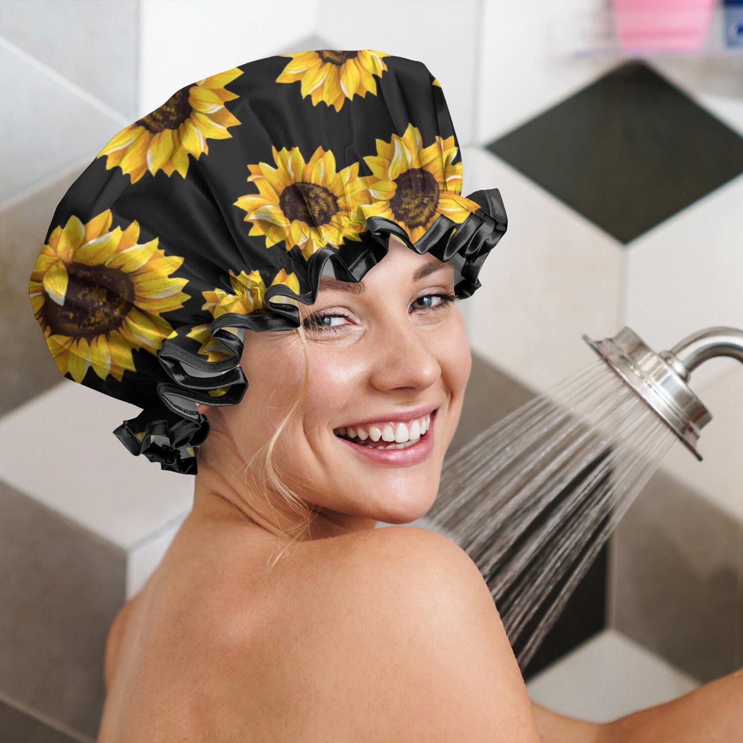 Shower Caps,Black Yellow Sunflower Pattern Waterproof Shower Cap for Women 4 Pieces,Double Reusable Hair Cover for Shower PEVA Elastic Stretch Hem