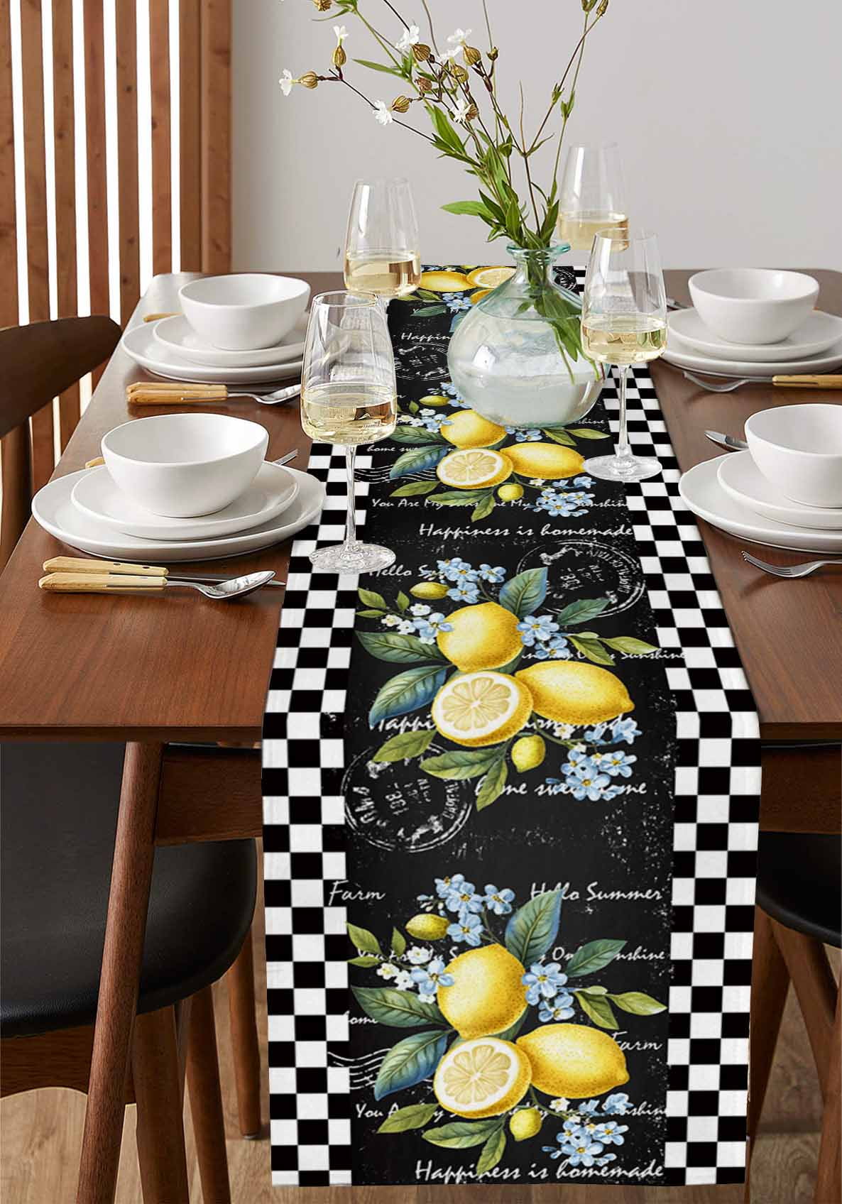Summer Lemon Burlap Cotton Table Runner 13x90 Inches Long, Vintage Black Plaid Blue Spring Floral Farmhouse Table Runners, Outdoor Dining Tablecloths Decor for Baby Shower/Party/Wedding