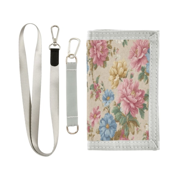 Cloth Wallet with Lanyard & Multiple Compartments Fashion Purse Zipper Clutch Bag for Cash Cards Coins Pastel Pink and Blue Floral