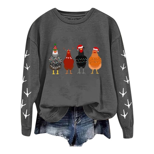 WEAIXIMIUNG Chandail en Molleton Court Grande Taille Noël Oversize Femmes Manches Longues Col Rond Chandails en Molleton Imprimé Poulet Léger Ample Haut
