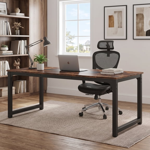 Finmind Modern Computer Desk, 78.7 inch Large Executive Office Desk Computer Table Study Writing Desk Workstation for Home Office,Rustic Brown & Black