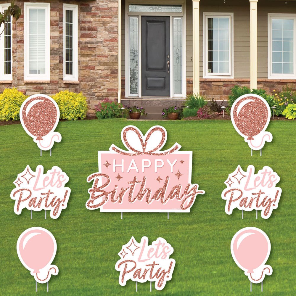Pink Rose Gold Birthday Yard Sign and Outdoor Lawn Decorations