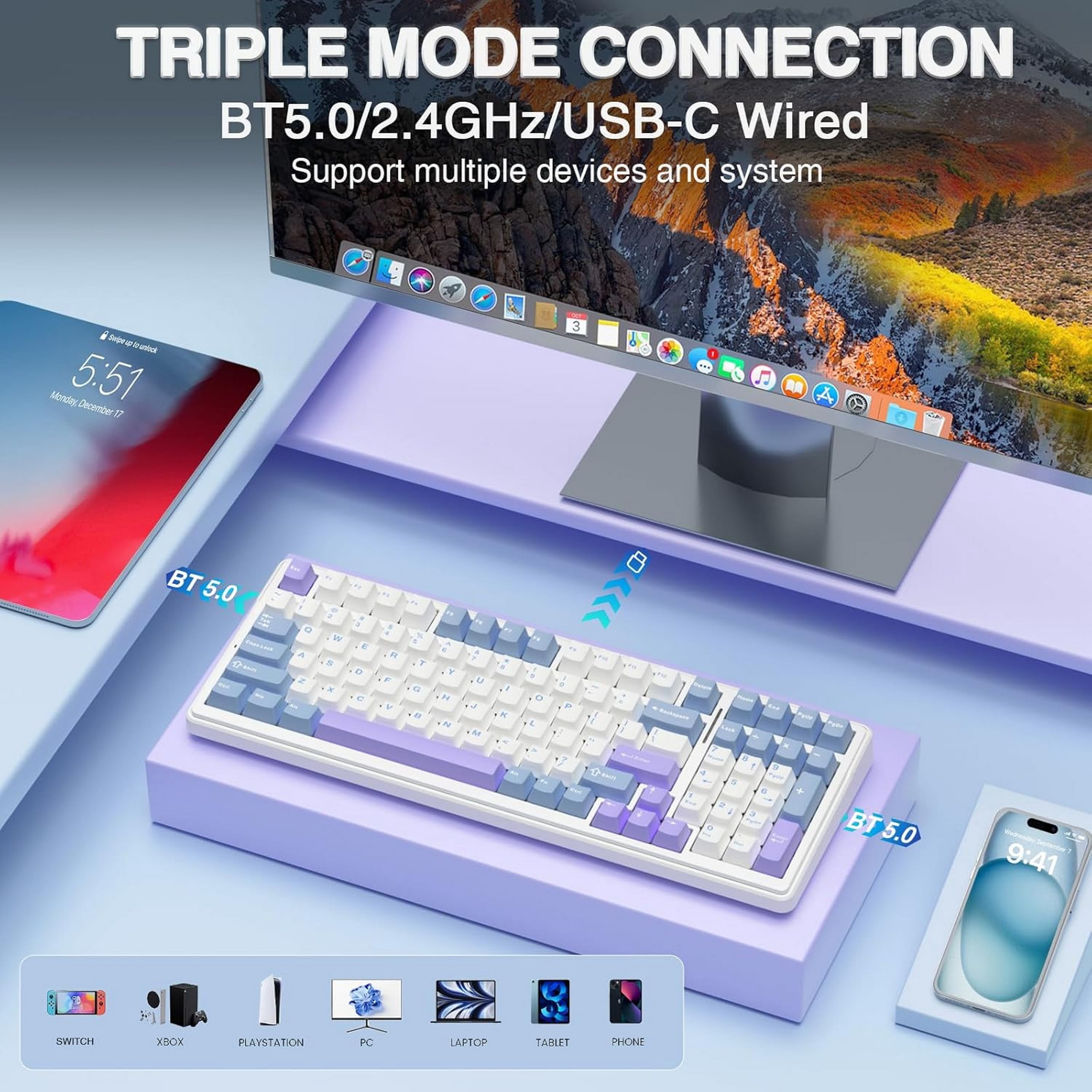 AULA F99 96% Wireless Mechanical Keyboard, Hot Swappable, Tri-Mode Bluetooth 5.0/2.4GHz/USB-C, Pre-Lubed Linear Switches, RGB Backlit, Macro Support,Blue/Purple/White