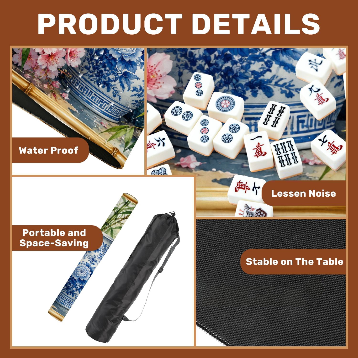 Mahjong Mat 31.5" x 31.5" Blue Red Birds Floral Vase Bamboo Botanical Art Style Non-Slip Noise Reduction Mahjong Tiles Table Cover for Dominoes Poker Card Board and Tile Games