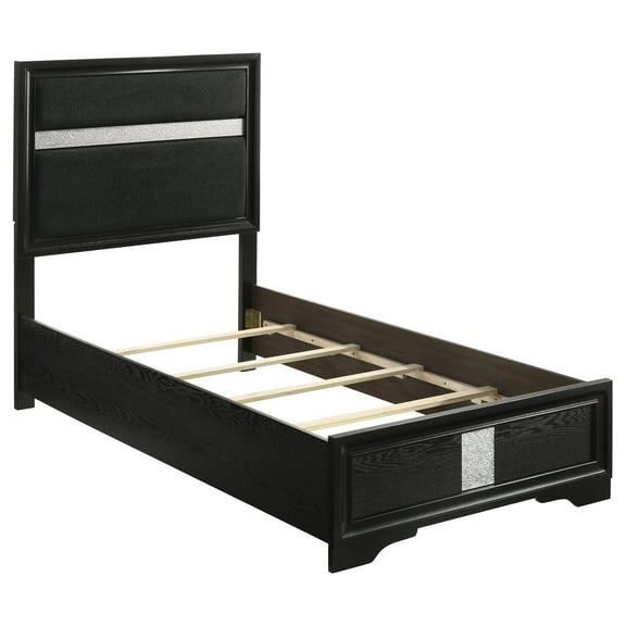Vino Twin Size Bed, Panel Headboard, Black Upholstery, Glitter Stripes