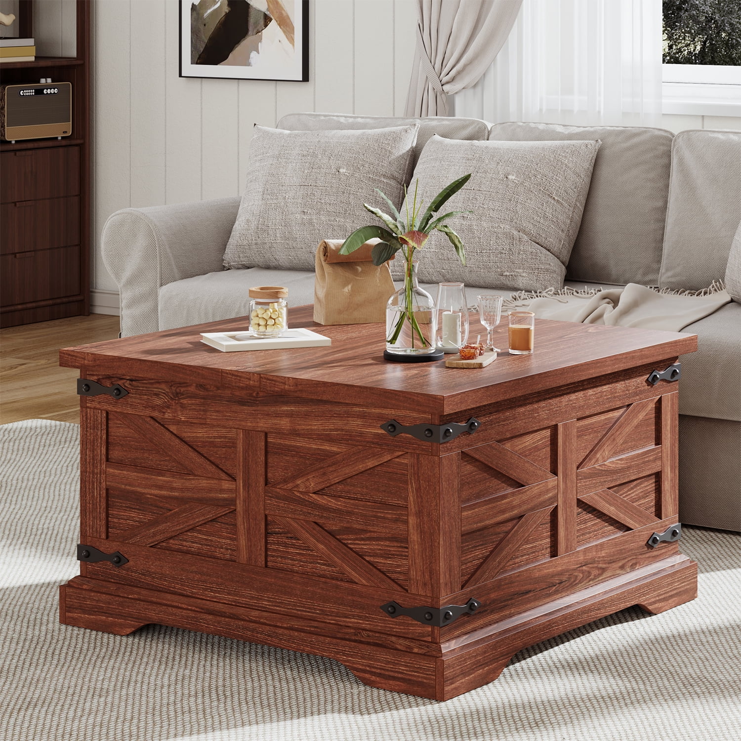 Winkalon Modern Farmhouse Coffee Table, Square Wood Center Table with Large Storage Space,Cherry
