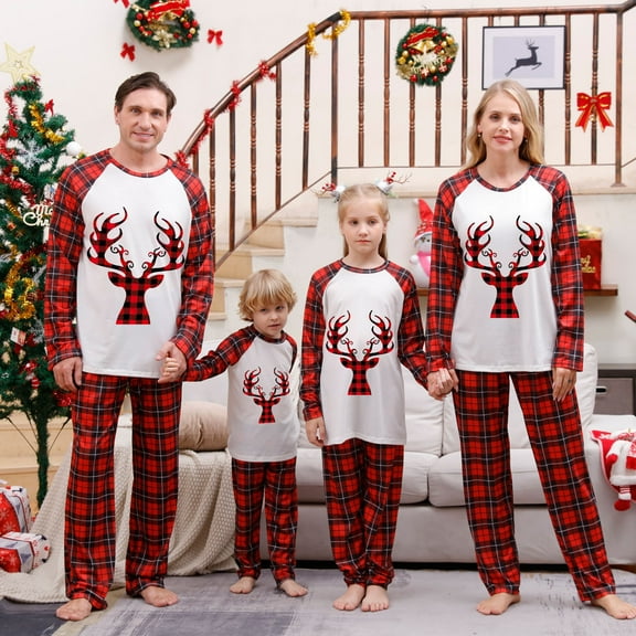 Odeerbi Christmas Pajamas for Family Holiday Long Sleeve Family Christmas Pajamas Matching Sets Dad Parent Child Printed Loungewear Set Two-Piece Sleepwear Xmas Family Matching PJs Set Red