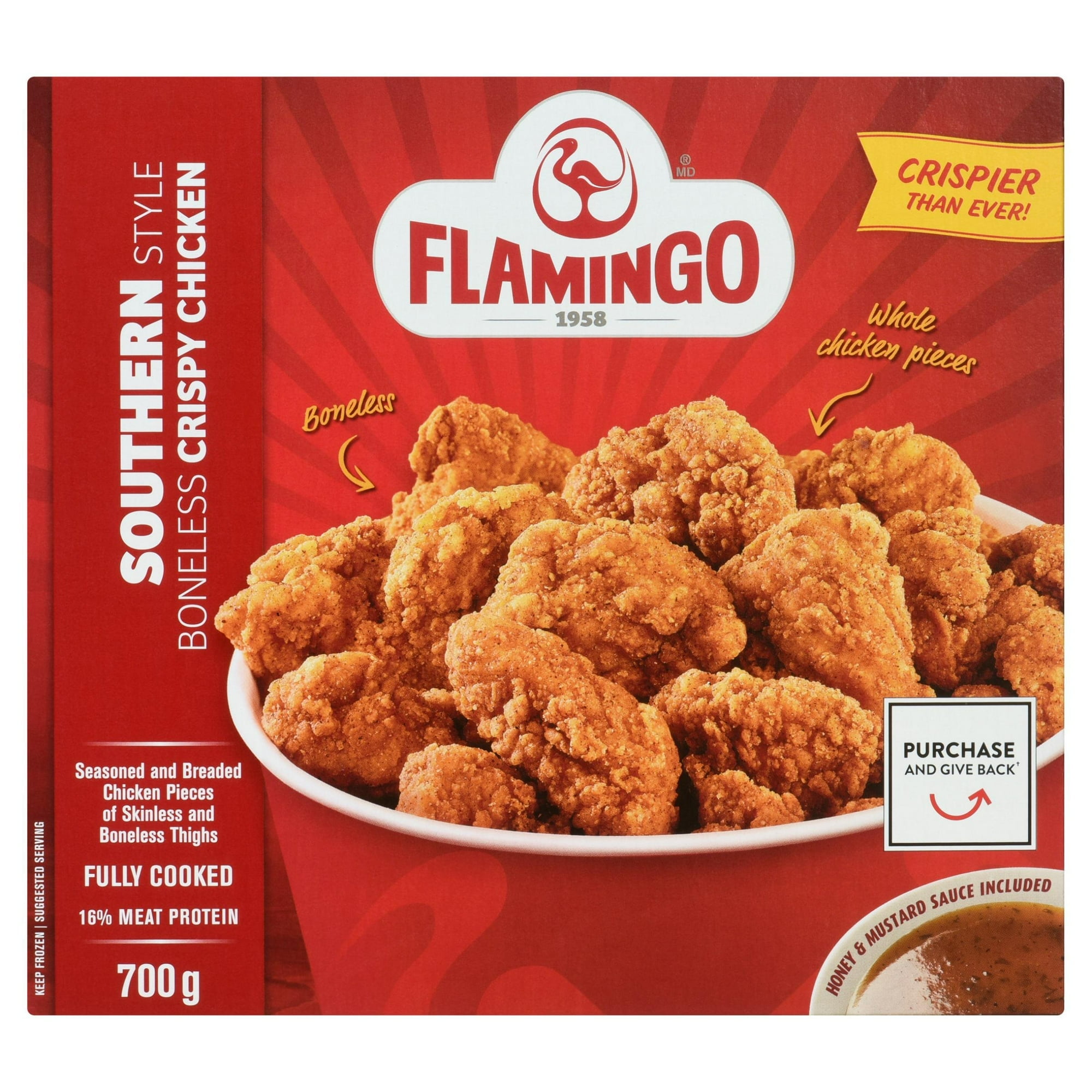 Flamingo southern style boneless crispy chicken, Flamingo southern style boneless crispy chicken fully cooked with Mustard & Honey Sauce, Flamingo 700 g