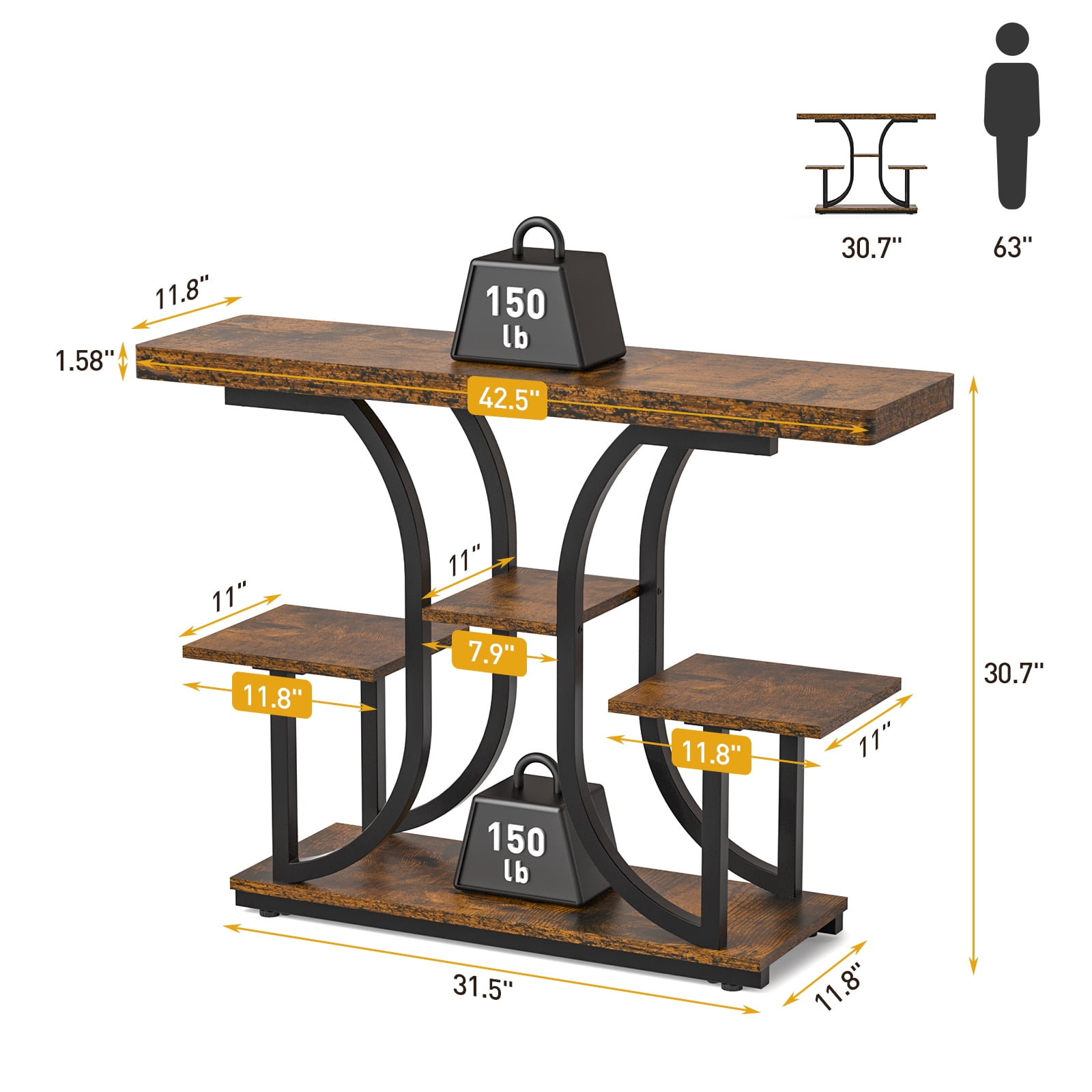 Industrial Chic 5-Tier Console Table, 42.5" Entryway Table with Storage Shelf, Rustic Brown