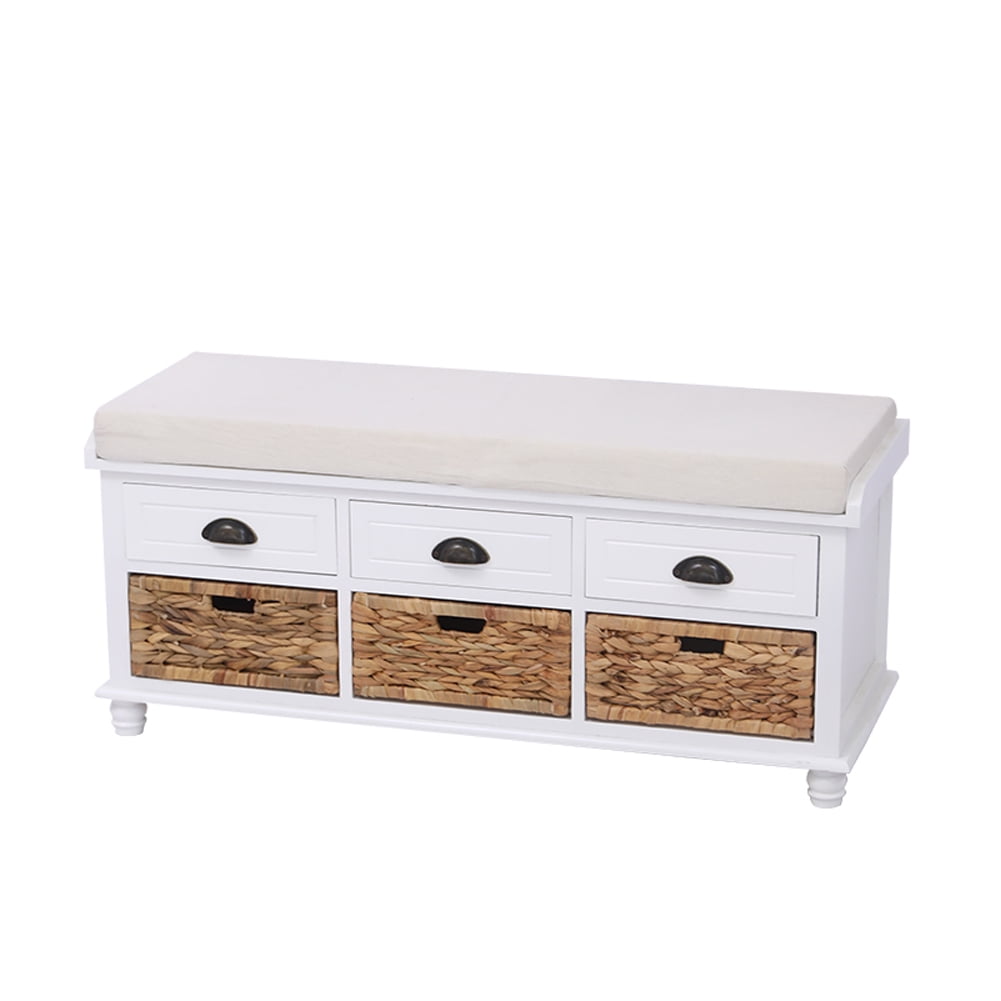 Kepooman Storage Bench Cube, Removable Cushion Storage Chest with 3 Drawers & 3 Rattan Baskets for Entryway, Hallway, Living Room, Bedroom, White Kepooman Storage Bench Cube, Removable Cushion Storage Chest with 3 Drawers & 3 Rattan Baskets for Entryway, Hallway, Living Room, Bedroom, White
