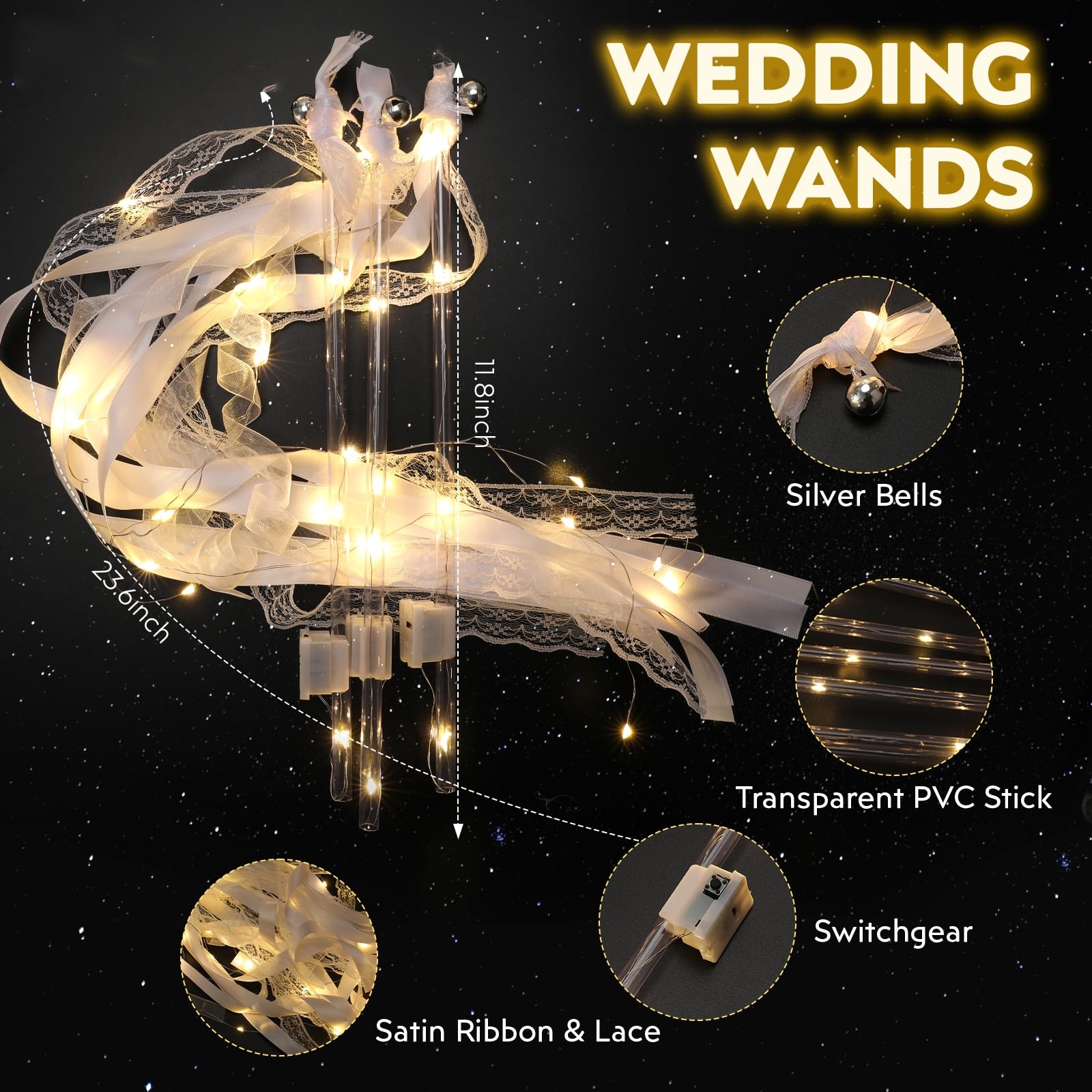 16Pcs Wedding Wands Ribbon Streamers, Light up LED Silk Fairy Wands, Glow Lace Stick with Bells for Wedding Reception, Graduation, New Year, Birthday Party (Warm White)