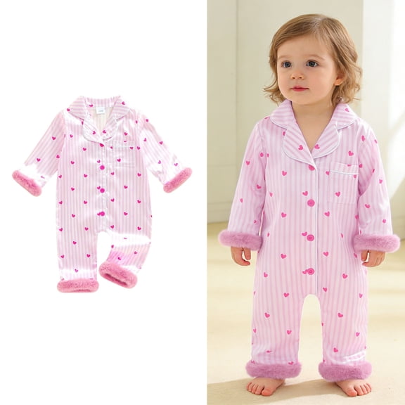 Toddler Boy Silk Pajamas Valentines Day Pjs Heart Print Feather Trim Button down Long Sleeve Romper Jumpsuit Little Girl Pajamas 18-24 Months