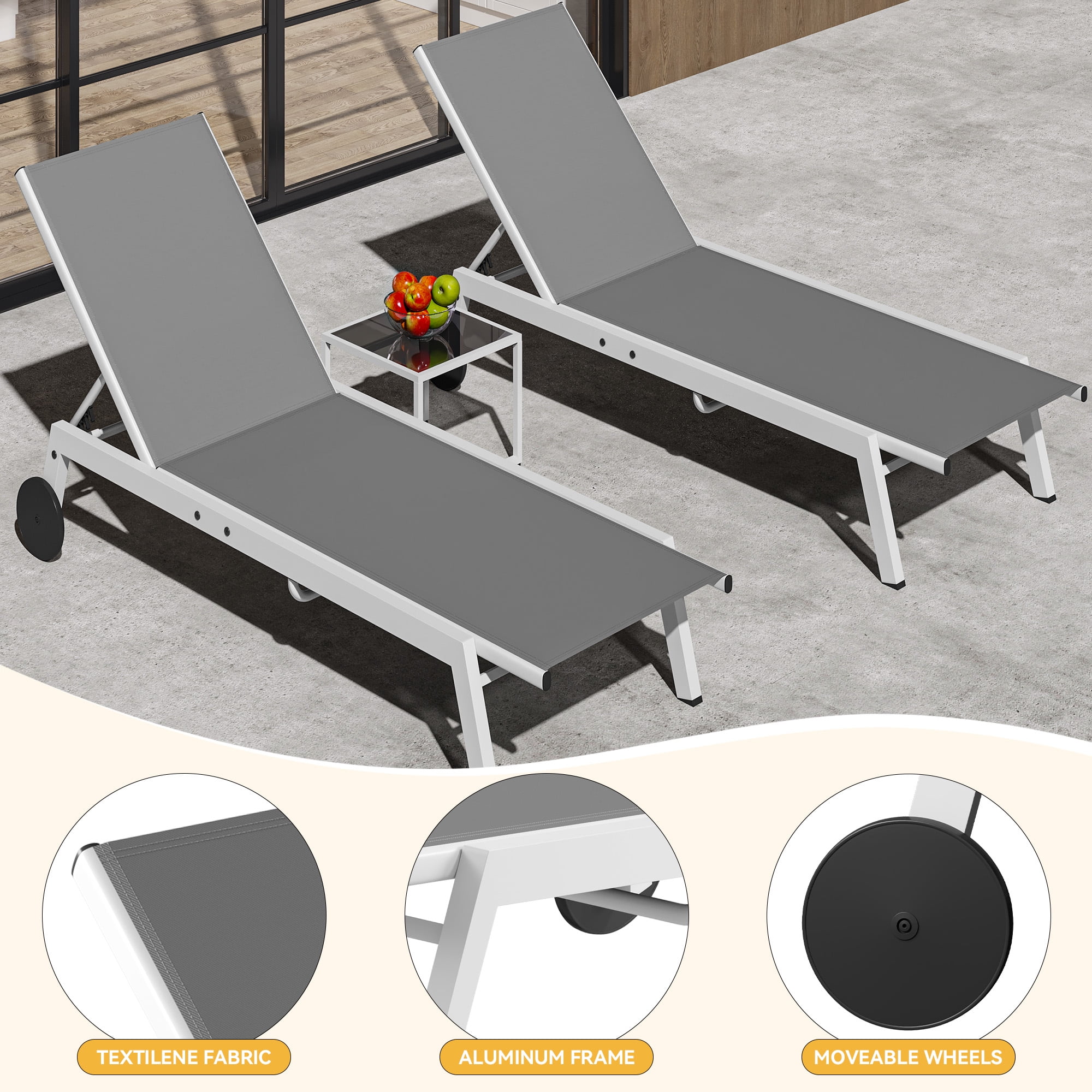 Uforic 3pcs Outdoor Chaise Lounge Set, 2 Adjustable Loungers with Side Table, Wheels, White+Gray