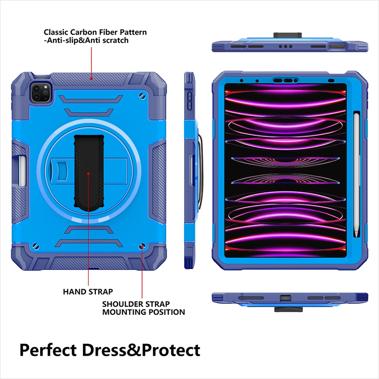 Shockproof Case for Apple iPad Pro 11 Inch 2024 M4, with Pencil Holder Military Grade Protection Rotating Stand Hand Strap Shoulder Strap Bumper Rugged Case for iPad Pro 11" 2024, Blue