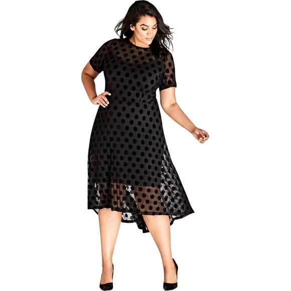City Chic Women's Plus Size Dress Spot Flock, Black, XS