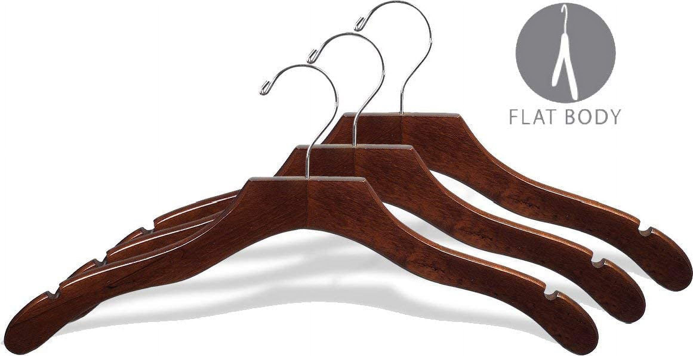 Wavy Wood Top Hanger, Box of 50 Space Saving 17 Inch Wooden Hangers w/ Walnut Finish & Chrome Swivel Hook & Notches for Shirt Jacket or Dress by International Hanger