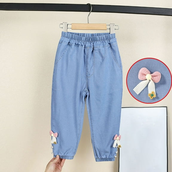 Girls Baggy Jeans New Baby Girls Jeans, Toddler Girl Elastic Waist Pull on Denim Pants with Bows Kids Jeans Joggers