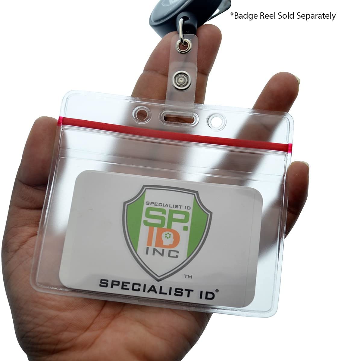 100 Pack - Heavy Duty Badge Holder Horizontal with Resealable Zip Top - Clear Plastic Waterproof i’d Card Protector - Top Load Pouch w/ Lock Zipper Closure for Office & Nurses by Specialist ID