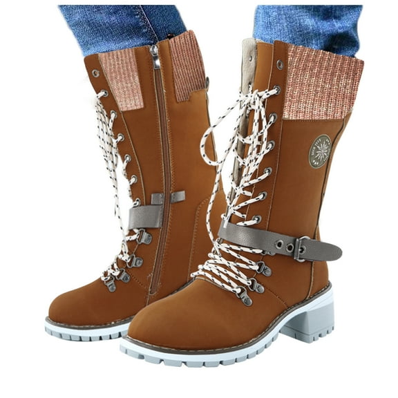 Tejiojio Fall Womens' Ladies Fashion Square Heels Lace Up Round Toe Solid Boots Shoes