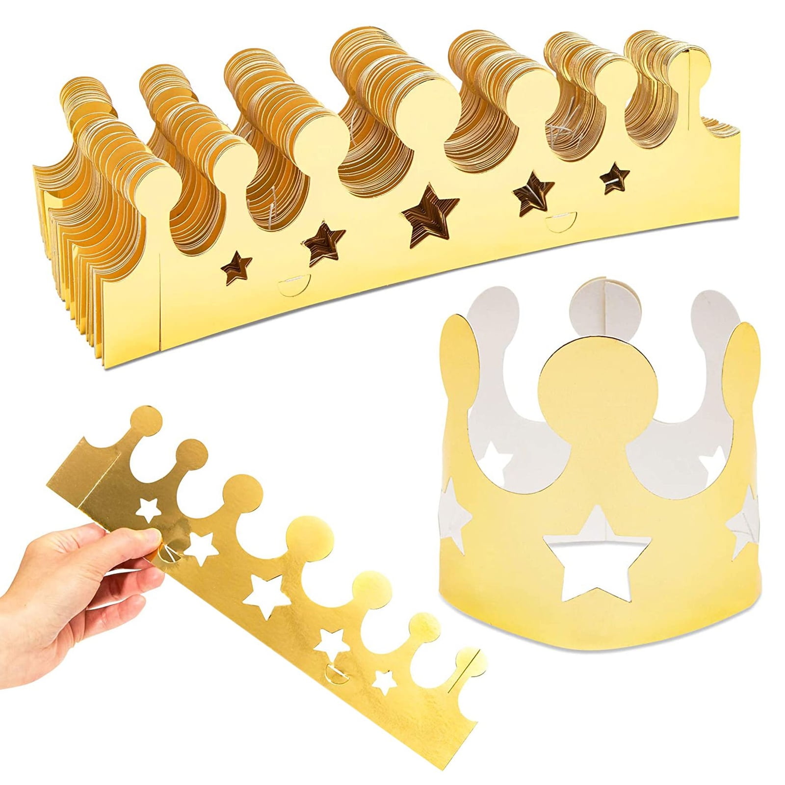 8PCS Golden Paper Crown Hats Party Gold King Crown Paper Hats Gold Party Hat Paper Princess Crowns with Self-Adhesive Rhinestone Sticker Number Letter Stickers for Boys Girls Adults Kids Celebration 