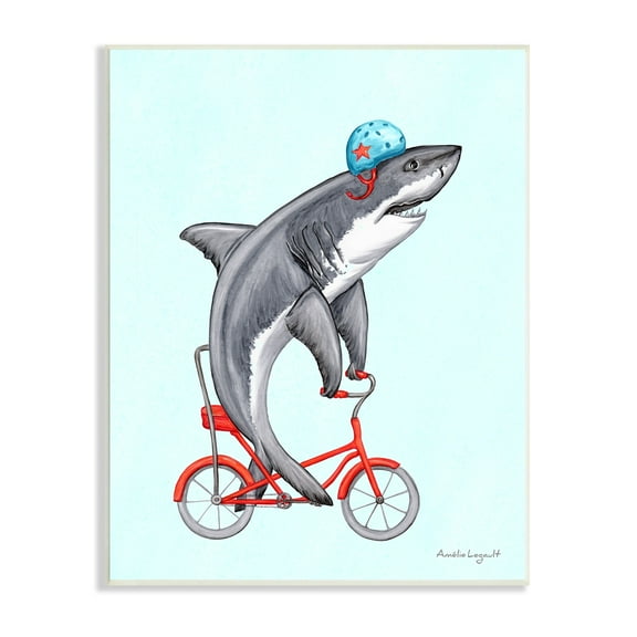 Stupell Industries Great White Shark On Red Bicycle Blue Helmet Graphic Art Unframed Art Print Wall Art, Design by Amelie Legault