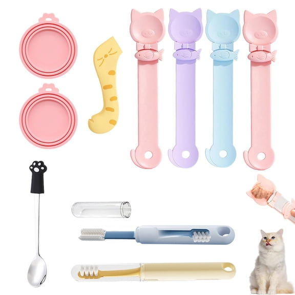 10-Piece Cat Food Can Lids & Spoons， Silicone Covers, Cute Cat Tail Scoop & Pet Toothbrush