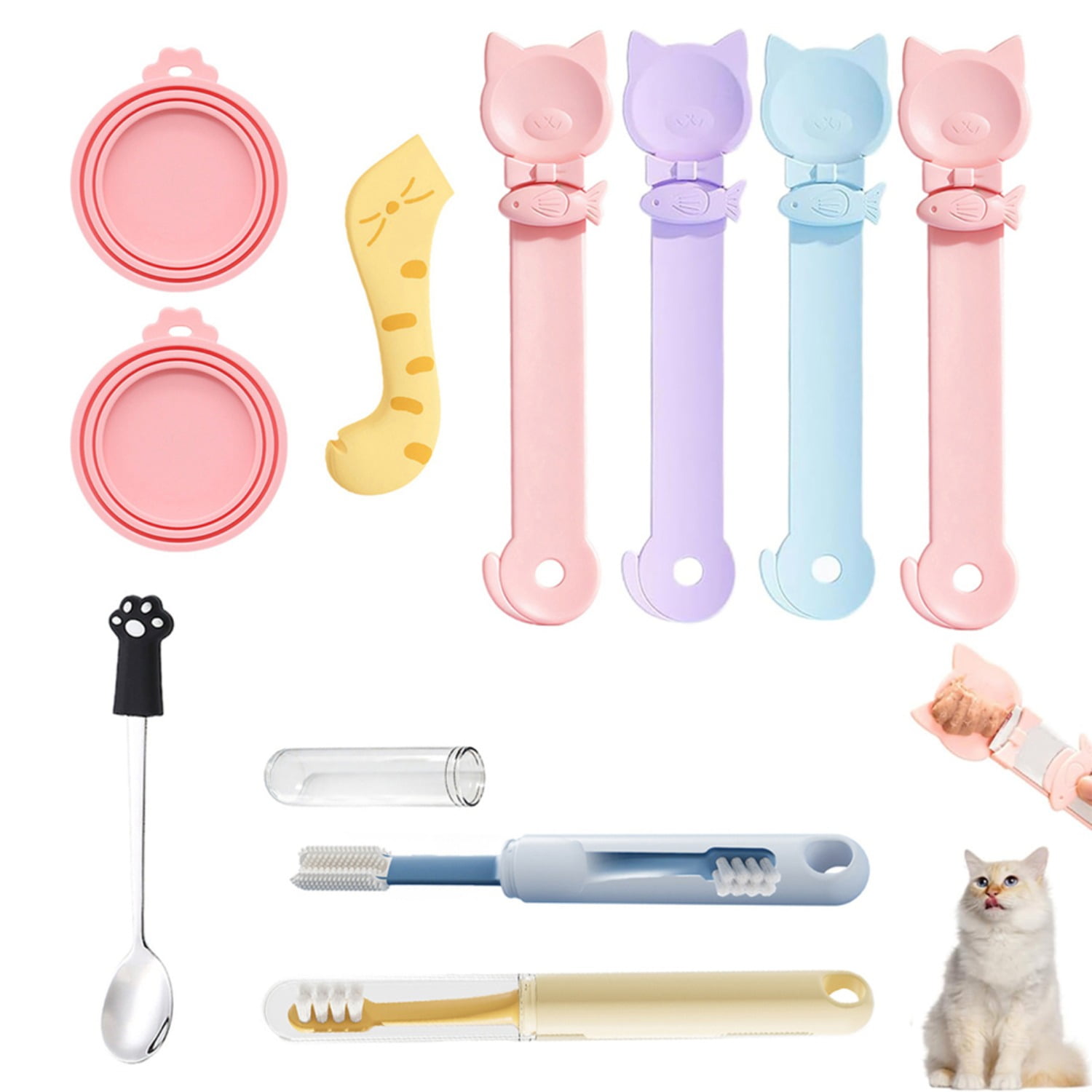 10-Piece Cat Food Can Lids & Spoons， Silicone Covers Cute Cat Tail Scoop & Pet Toothbrush