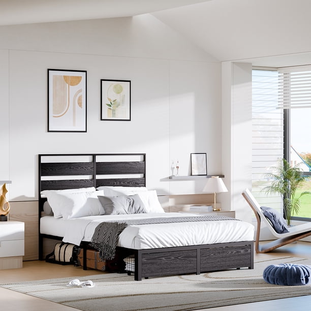 Full Size Bed Frame 192cmx140cm Industrial Wood Metal Platform Bed with Under-bed Storage Drawers No Box Spring Needed Black