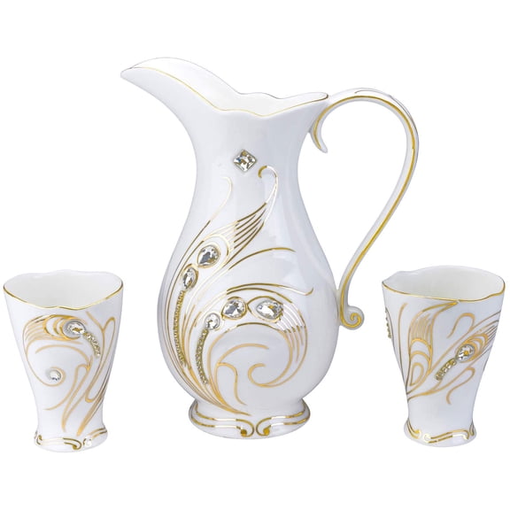 50 oz Porcelain Swarowski Jeweled Decor Jug   Two Highball 15-Ounce Porcelain Cups for Water, Milk, Juice Decorated with Crystals, Pitcher and 2 Glasses, Set of 3