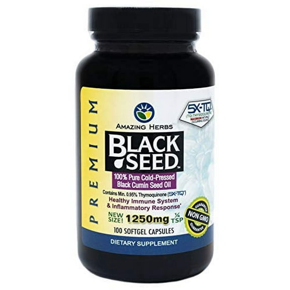 Amazing Herbs Premium Black Seed Oil 1250mg, 100 softgels - Cold-Pressed, Unrefined