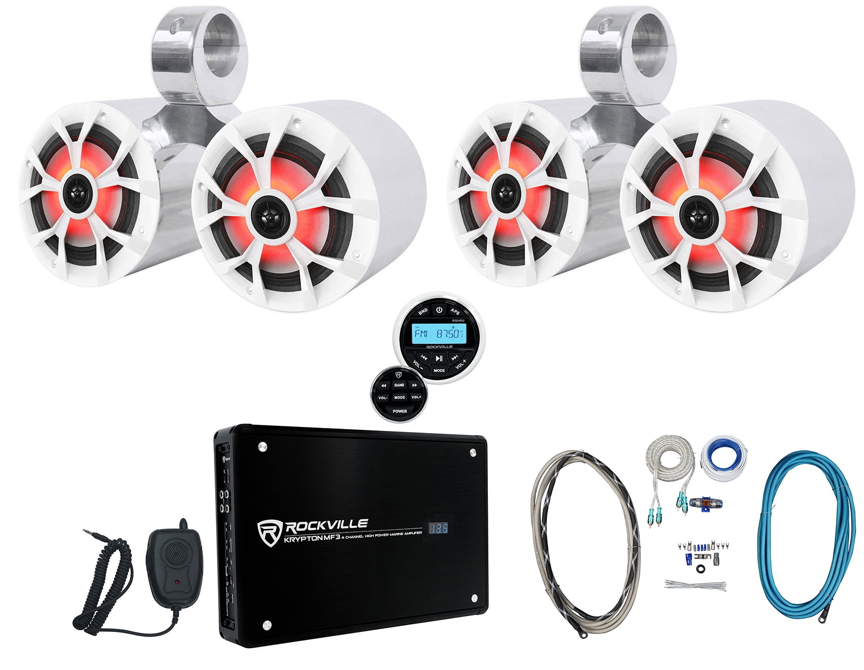 (2) Rockville Dual 6.5" Marine Wakeboard LED Speakers+Receiver