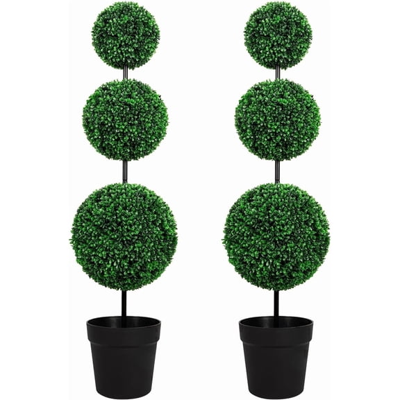 ROMSWI 3FT Artificial Triple Ball Boxwood Topiary Tree 2 Pack UV Resistant Faux Topiary Plant for All-Season Home Office Porch Entryway Decor