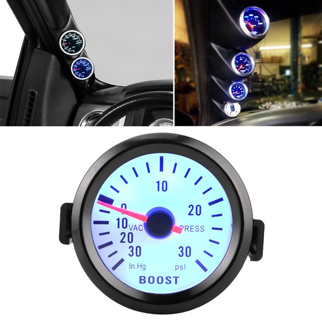 Boost Universal Boost Pointer Pointer Pointer Gauge Presión de Vacío Medidor 0-30Psi 12 V Dial LED Azul de 52 mm de diámetro Para Automóviles Motores