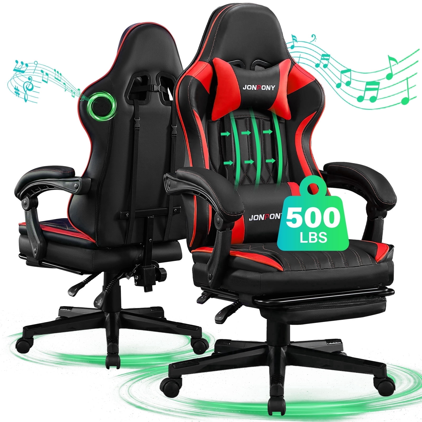 JONPONY Big and Tall 500lbs Gaming Chair with Bluetooth Speakers Gamer Chair with Footrest Game Chair with Lumbar Support and 360-Swivel Seat and Headrest for Adults, Red