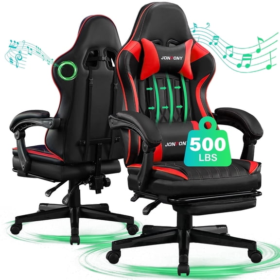 JONPONY Big and Tall 500lbs Gaming Chair with Bluetooth Speakers Gamer Chair with Footrest Game Chair with Lumbar Support and 360-Swivel Seat and Headrest for Adults, Red