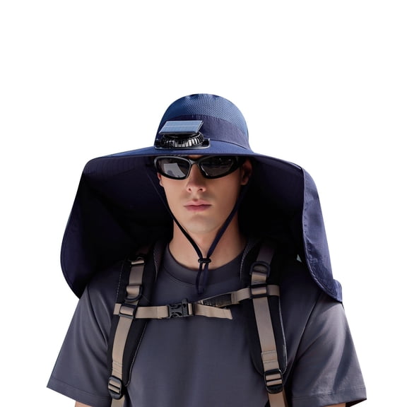 Ticikt Solar Fan Hat,Wide Brim Solar Fan Outdoor Fishing Hat,Men Sun Hat with 1 Solar Fans Fishing Hats, Adjustable Fans Hats,Color:Navy