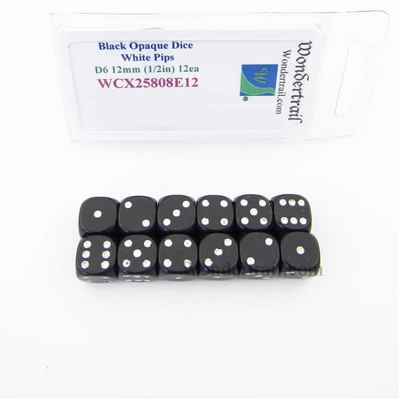 Black Dice with White Pips D6 12mm (1/2in) Pack of 12 Wondertrail