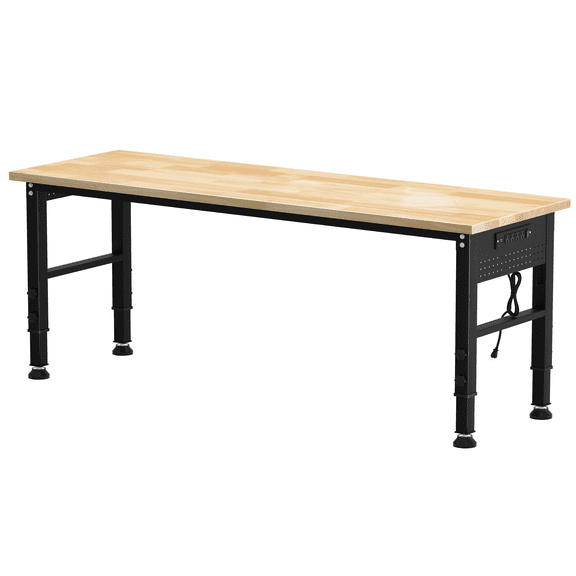 HARIPUL 70 inch Adjustable Workbench, 2000 LBS Heavy Duty Workstation with Power Outlets & Pegboard, Solid Rubber Wood Top Work Table for Garage, Workshop, Office, Commercial Use