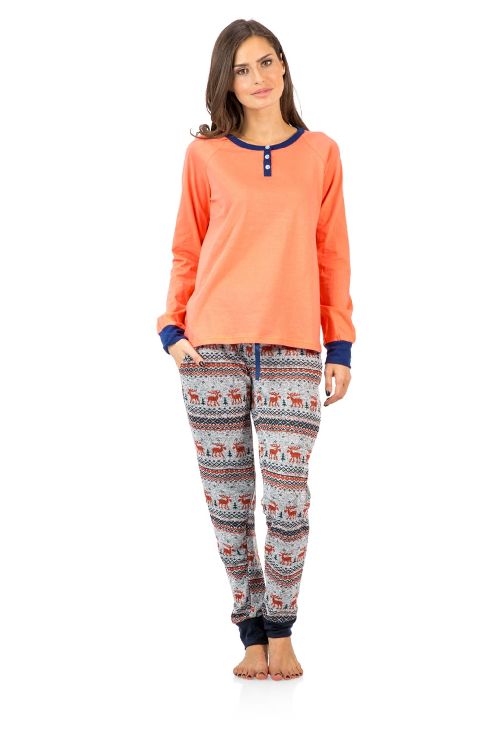 Ashford & Brooks Women's Cotton Henley with Sweater Fleece Pants Pajama