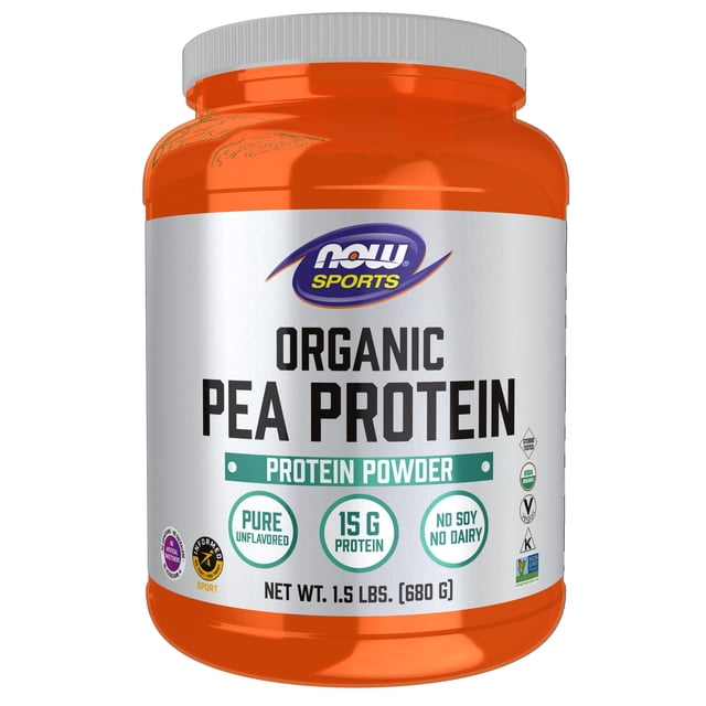 NOW Foods Sports Nutrition, Certified Organic Pea Protein 15 Grams, Unflavored Powder, 1.5-Pound
