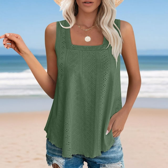 Débardeurs Grande Taille pour Femmes Sans Manches Col Carré Décontracté Couleur Unie Ourlet Courbé chandail-Over Vert Armée TTG