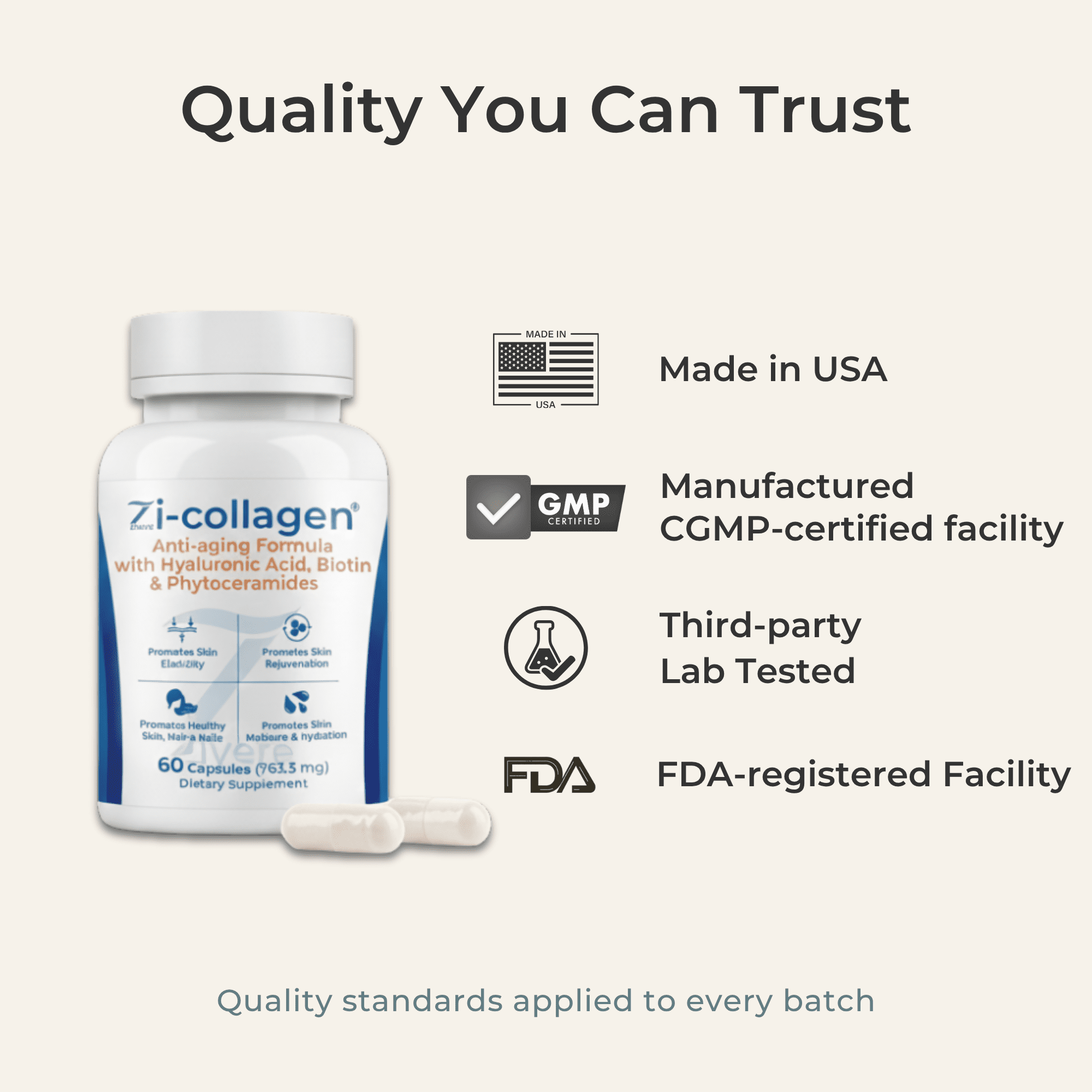 Zivere Zi-Collagen Marine Collagen Capsules Healthy Aging Lactose-Free Gluten-Free Dairy-Free 60 Count 60 Capsules