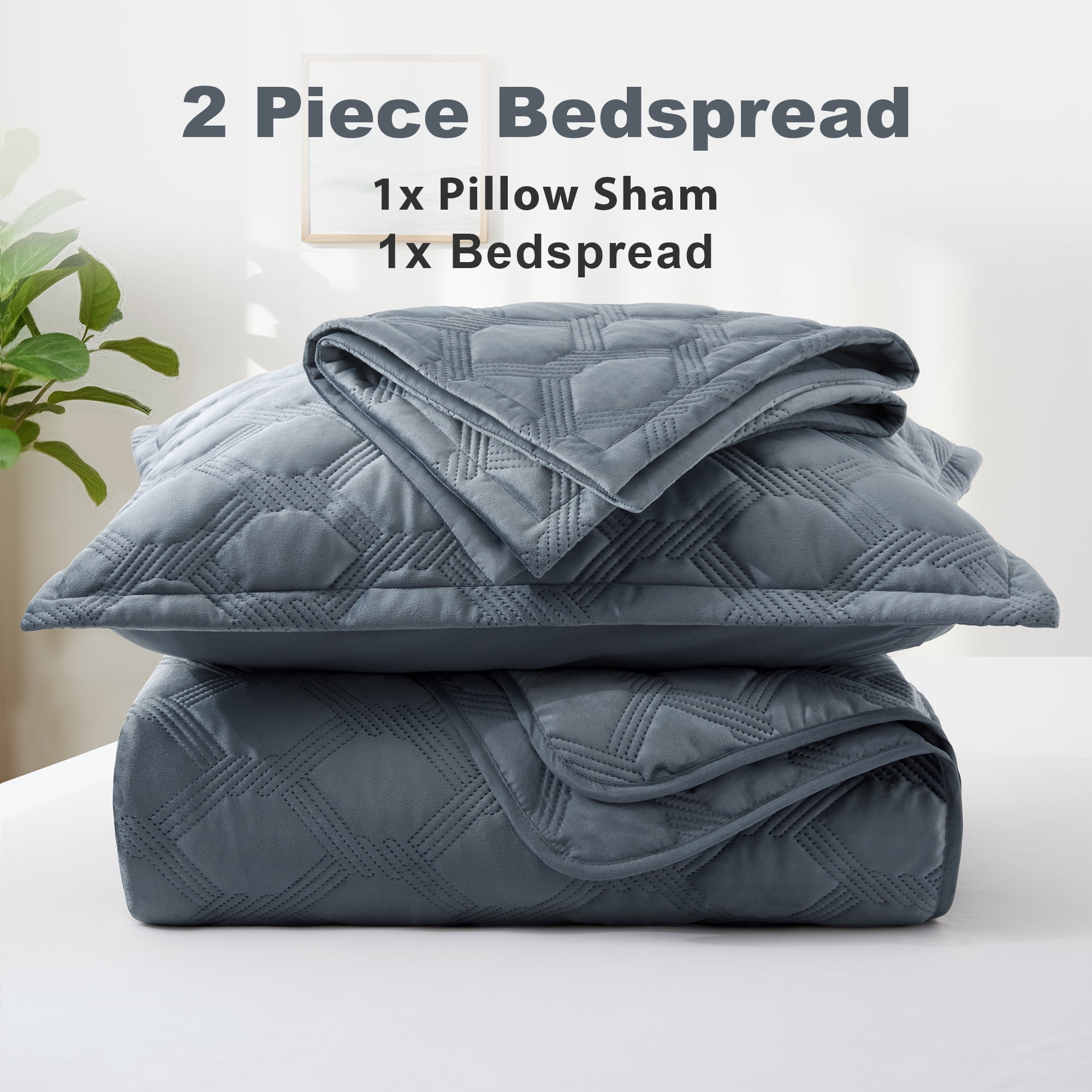 IR Imperial Rooms Luxury Velvet Quilt Set Ultrasonic Embossed Bedspread Geometric Pattern 2-Piece Soft Reversible Twin Size Bluish Gray